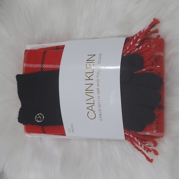 Calvin Klein Plaid Scarf and Knit Touch Glove 2 Piece Set, Red - Picture 1 of 1